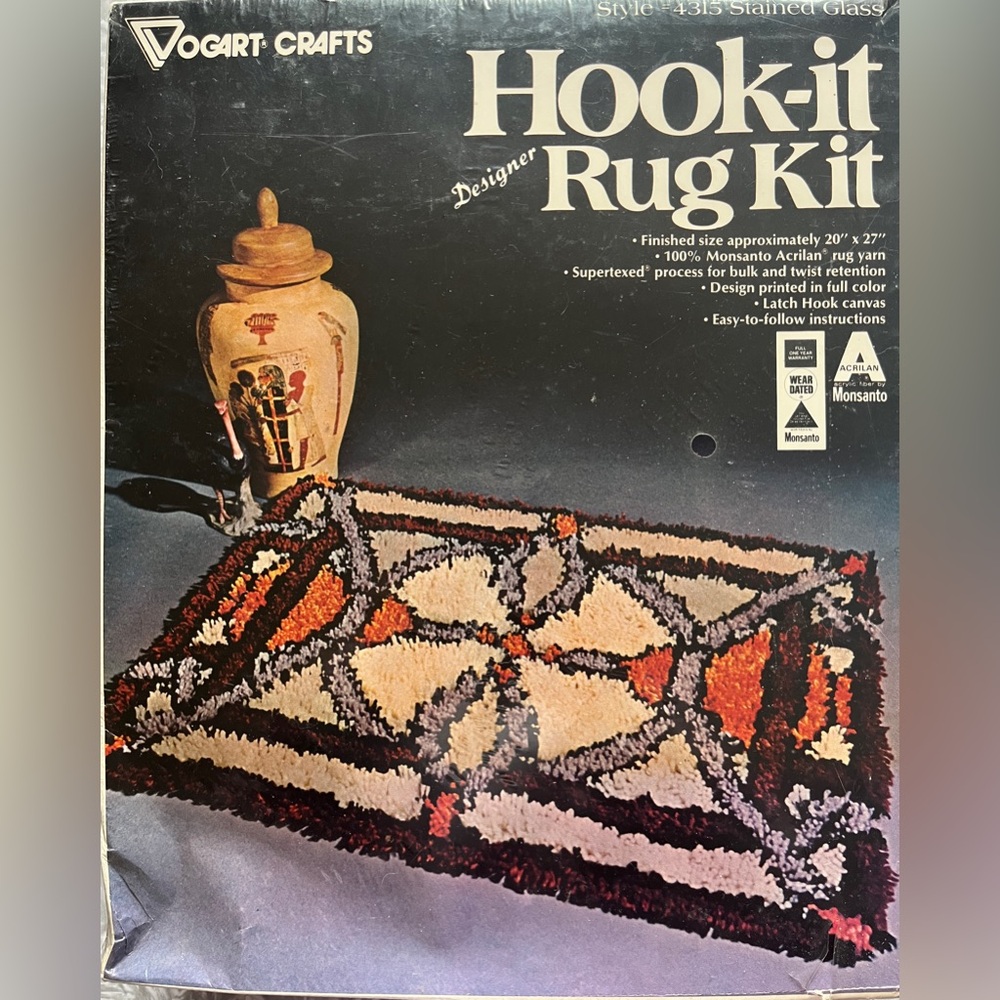 Vintage 1970s Vogart Stained Glass Hook-It Rug Kit 13”x 13”